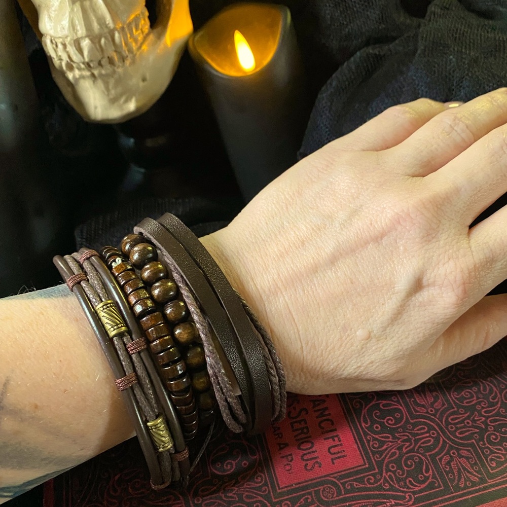 NEW men’s 4 piece bracelet set brown leather and beads